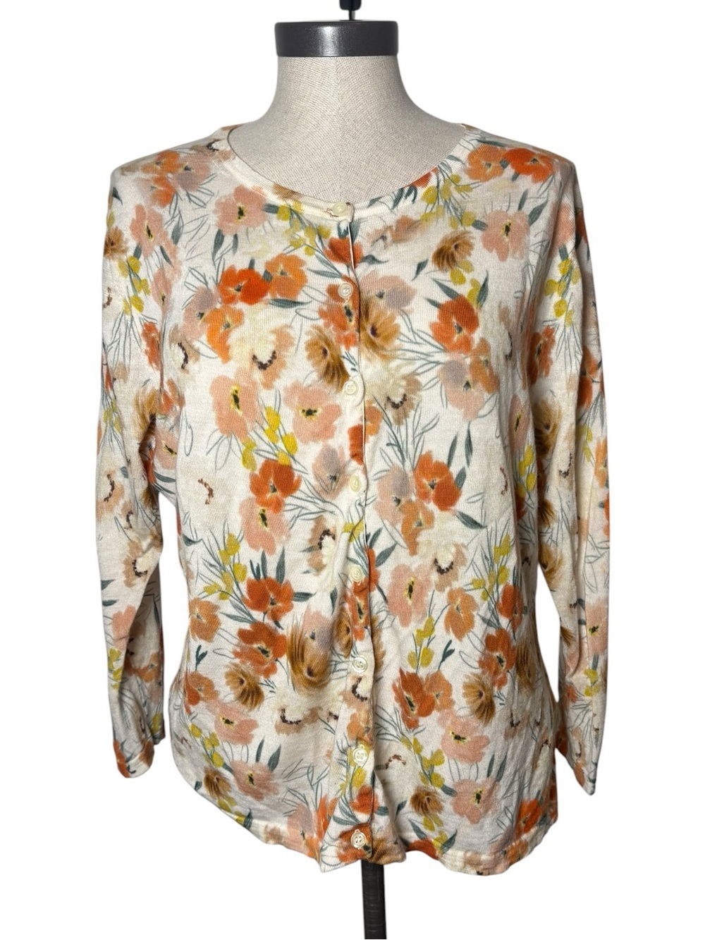 Garnet Hill XL 100% Merino Wool Floral Cardigan Lightweight Spring Sweater - Picture 2 of 8